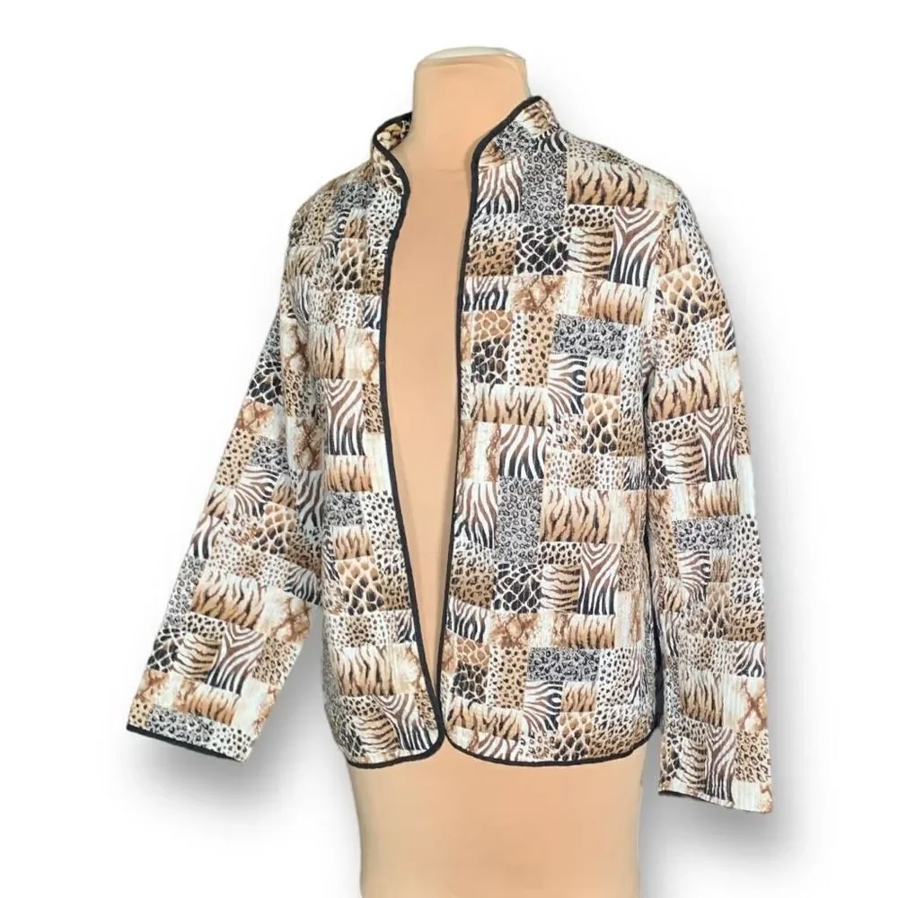 Vintage‎ 90s Collarless Blazer Jacket Ecru Patchwork Quilted Zebra Animal Print